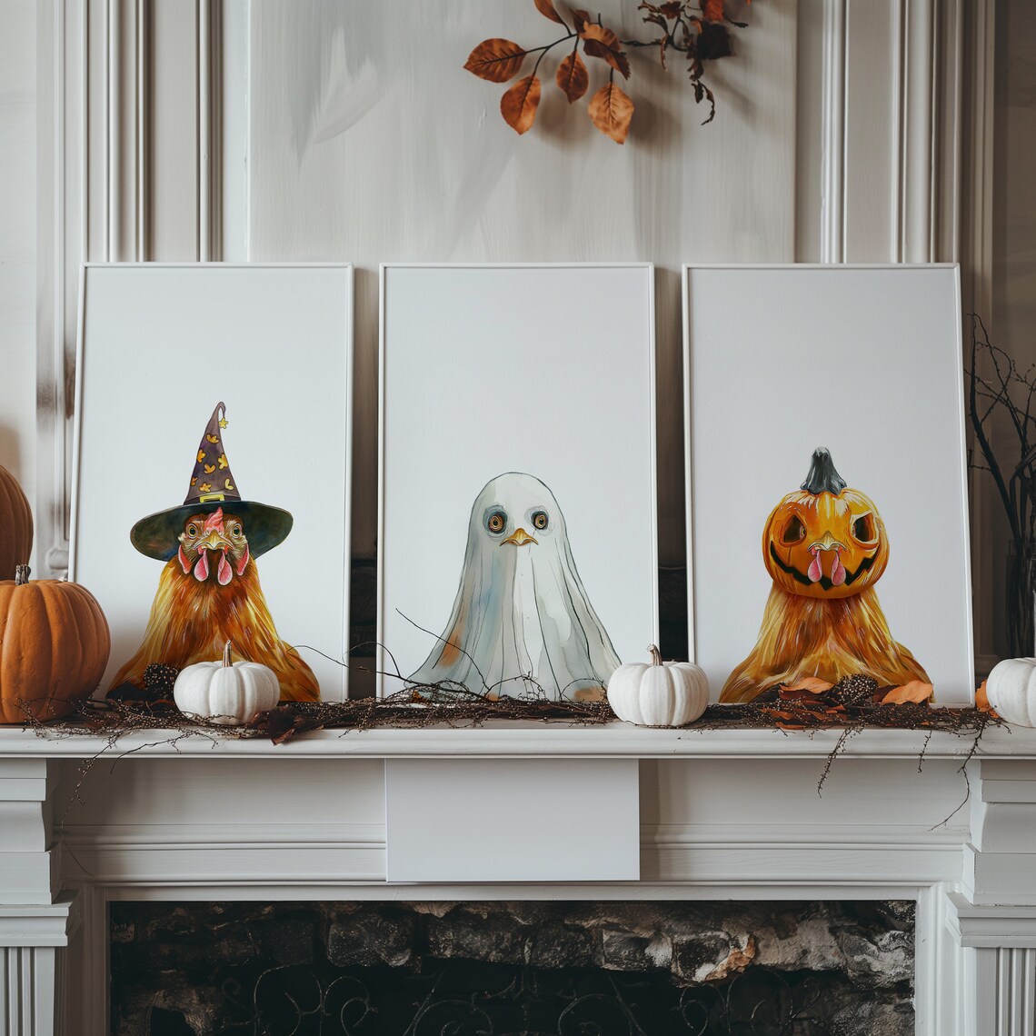 Halloween Chicken Trio Watercolor Set Witch Ghost Pumpkin Mantel Wall Art