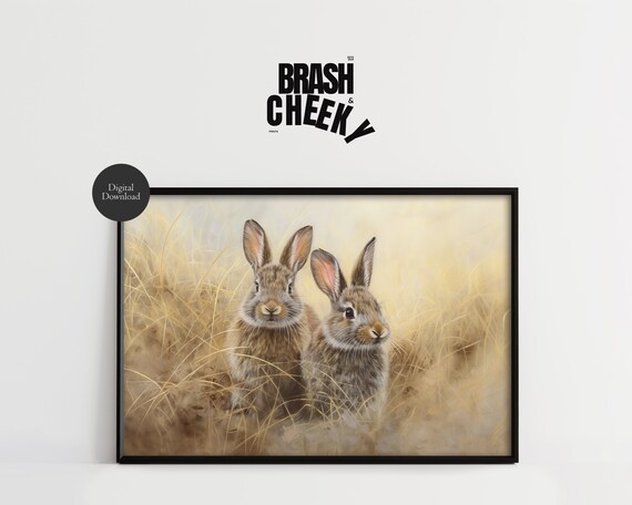 Two Rabbits in Golden Wheat Field Soft Watercolor Wildlife Wall Art