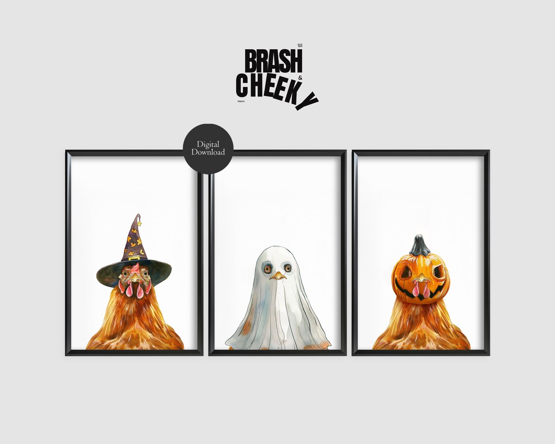 Halloween Chicken Trio Watercolor Set Witch Ghost Pumpkin Mantel Wall Art - Image 3