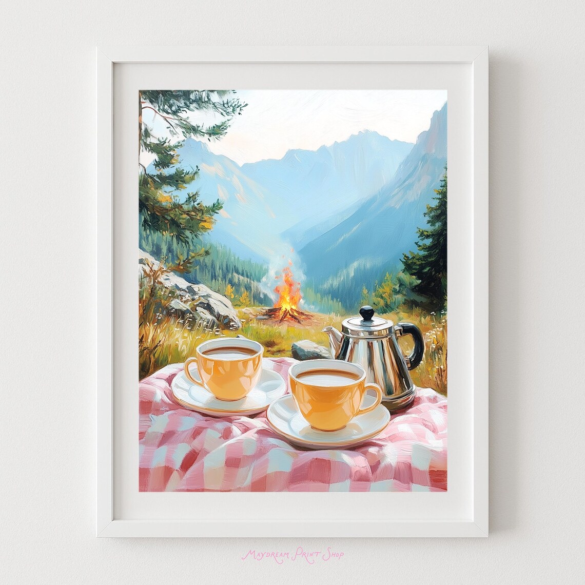 Coffee In The Mountains Art Camping Still Life Wall Decor Campfire Lattes Outdoors Summer Picnic Wilderness Illustration