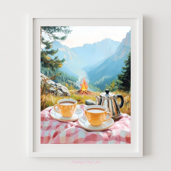 Coffee Cups Picnic In The Mountains Campfire Morning Wall Art