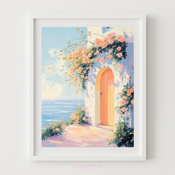Peach Door Mediterranean Beachside Villa Pastel Home Decor Dreamy Ocean Art Flower Painting Light Orange Cottage Print