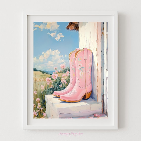 Pink Cowgirl Boots With Floral Embroidery Western Desert Art Poster