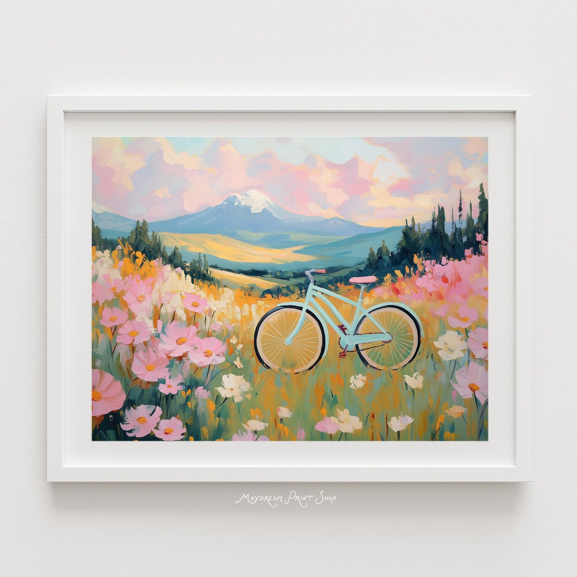 Bicycle in Wildflower Meadow with Mountain View Pastel Art Poster