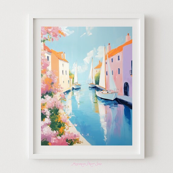 Mediterranean Sailboat Canal Pastel Coastal Village Painting Wall Art
