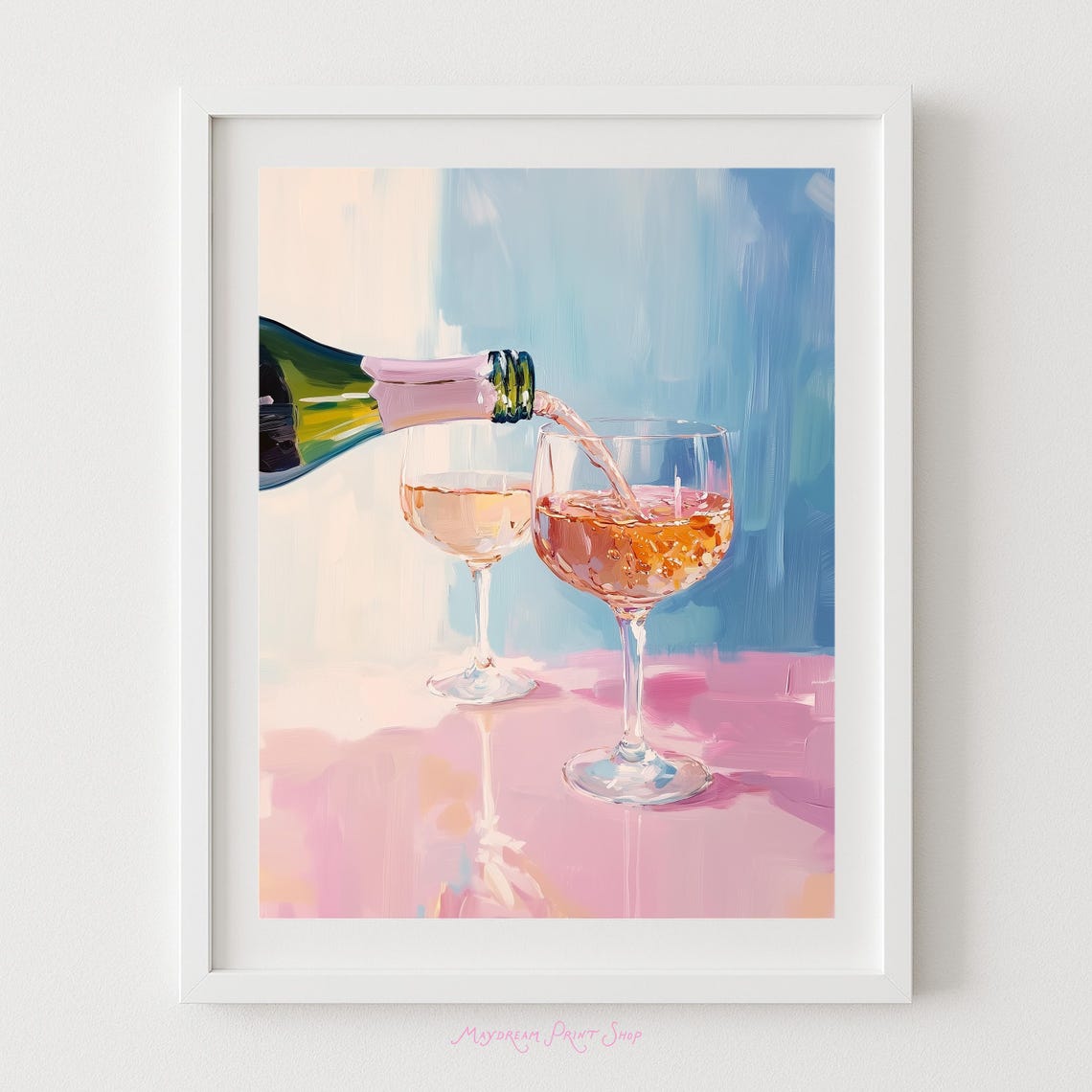 Rose Wine Pour Into Glasses Pink Blue Oil Painting Bar Poster