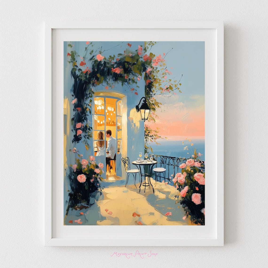 Romantic Couple Seaside Terrace Night Roses Painting Art Poster