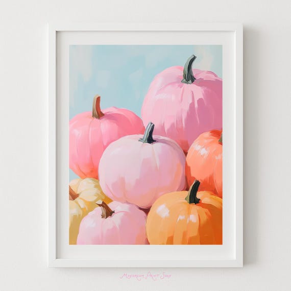 Pink Pumpkin Art Fall Decor Halloween Poster Pastel Autumn Wall Girls Bedroom Print Cozy Home Instant