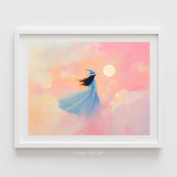Pretty Witch Painting Halloween Home Decor Pastel Moon Art Girls Bedroom Wall Spooky Landscape Instant Poster