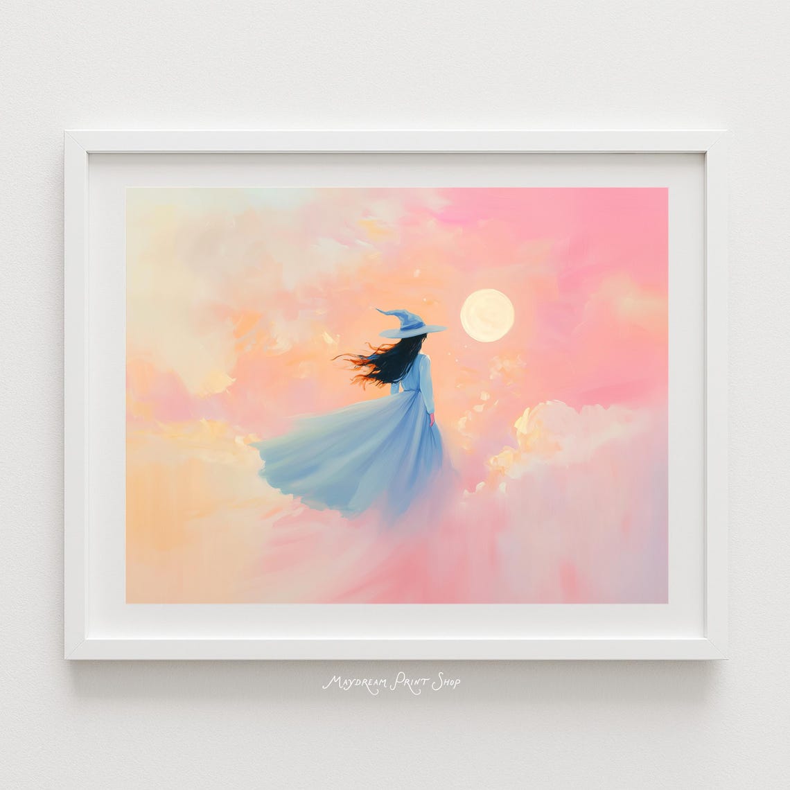 Witch Girl in Moonlight Pastel Sky Halloween Painting Poster