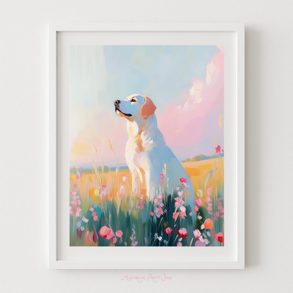 Yellow Labrador in Flower Meadow Pastel Dog Painting Art Poster