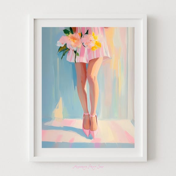 Colorful Fashion Painting Pink Shoes Art Stylish Instant Fashionista Print Womens Closet Striped Dress Poster