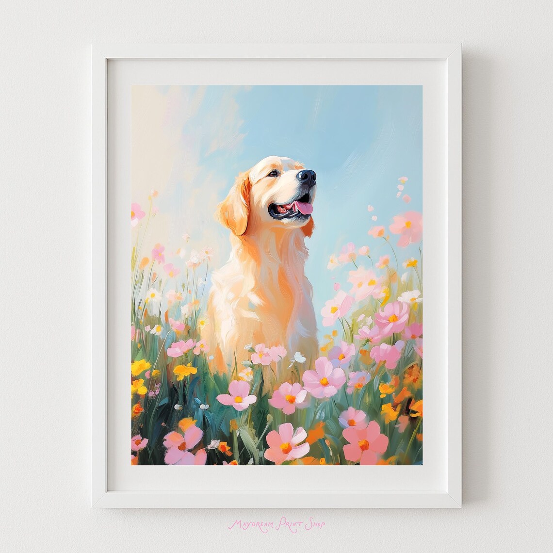 Golden Retriever In Flower Field Art Floral Dog Print Cute Animal For Lovers Pastel Pet Portrait Wildflowers