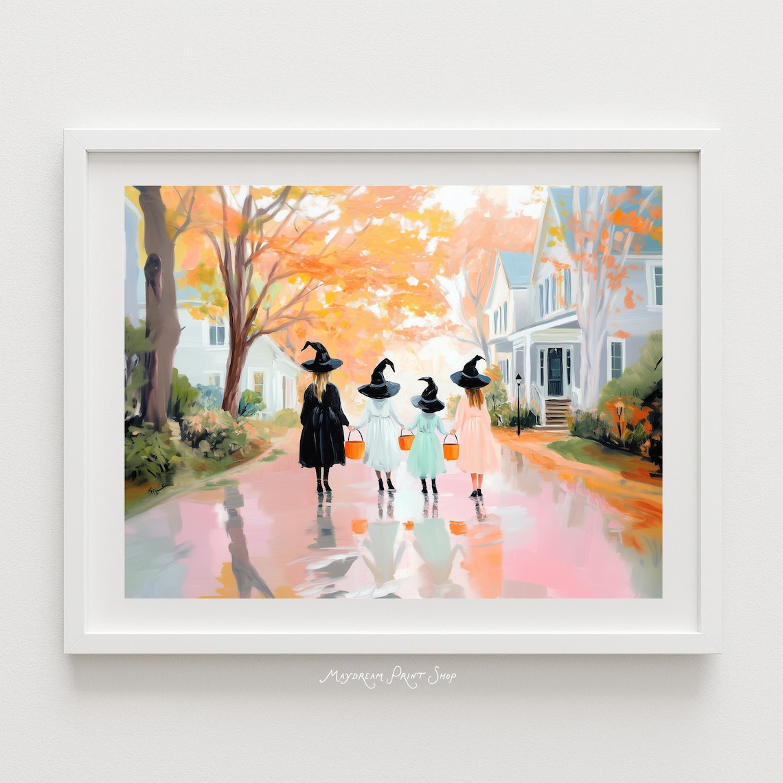 Halloween Trick or Treat Kids Painting on Autumn Street Poster