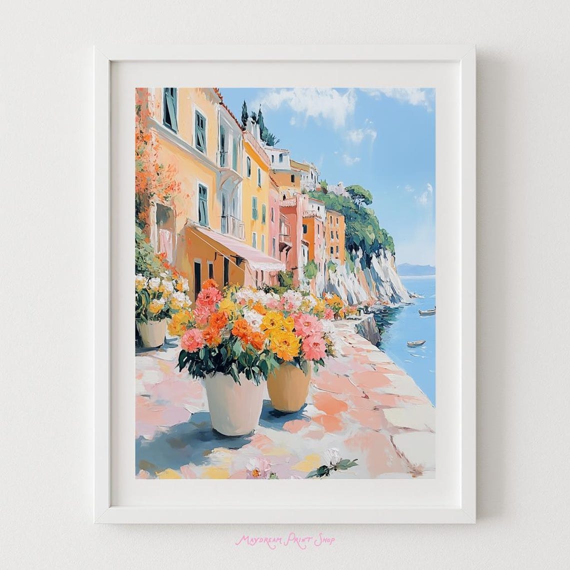 Mediterranean Seaside Village Flowers Cliff Coast Floral Wall Art