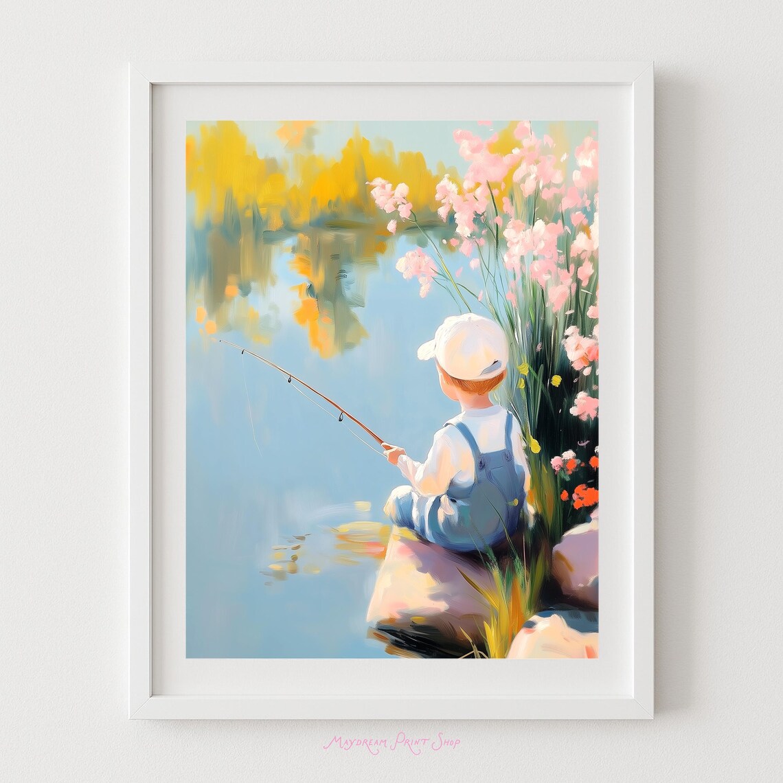 Little Boy Fishing at the Lake Floral Nursery Art Poster for Kids