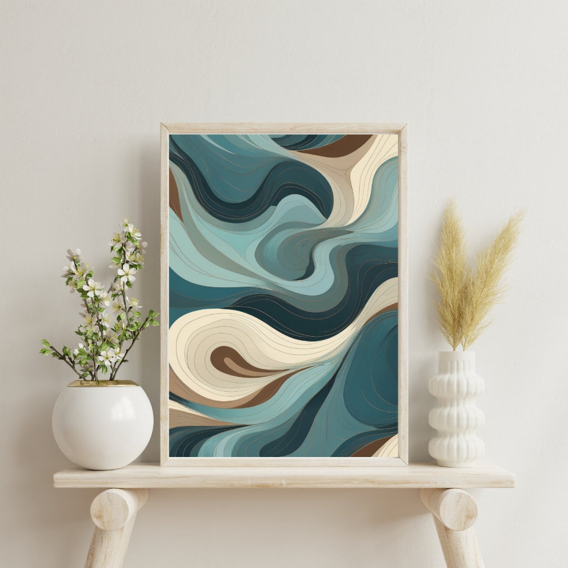 Flowing Blue Teal Waves Modern Abstract Coastal Art Poster for Homes - Image 2