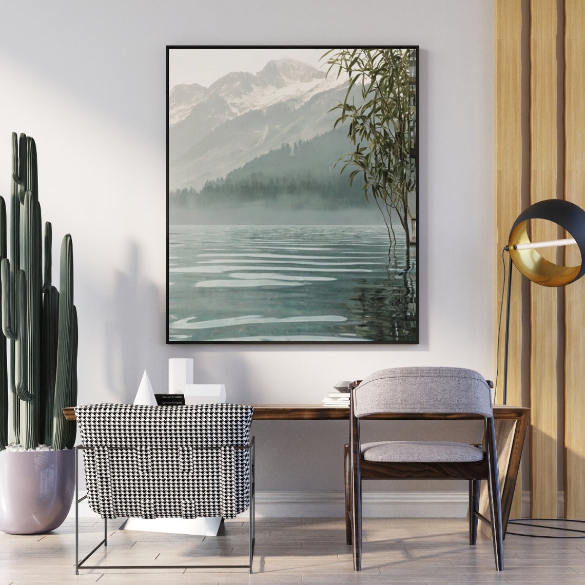 Serene Mountain Lake Reflection Misty Landscape Tranquil Nature Poster - Image 2