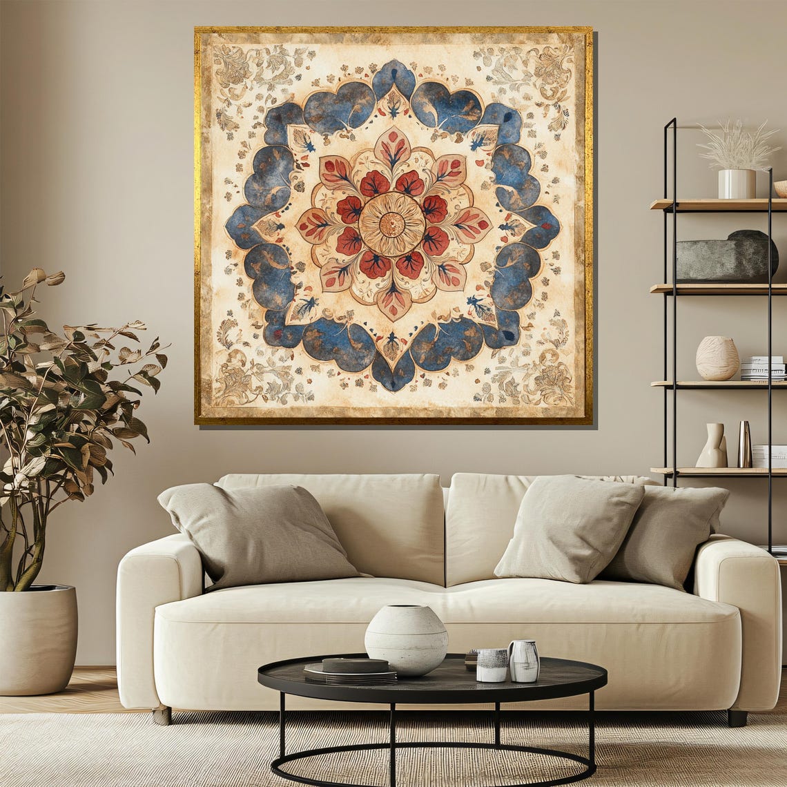 Vintage Mandala Floral Mandala Wall Art Beige And Blue Art Print Rustic Home Decor Islamic Geometric Pattern Boho Wall Gift - Image 3