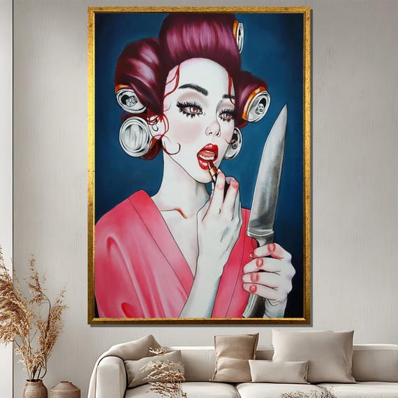 Colorful Pop Art Woman Wall Art With Lipstick And Knife Bold Modern Portrait For Makeup Room Salon Or Stylish Home Decor