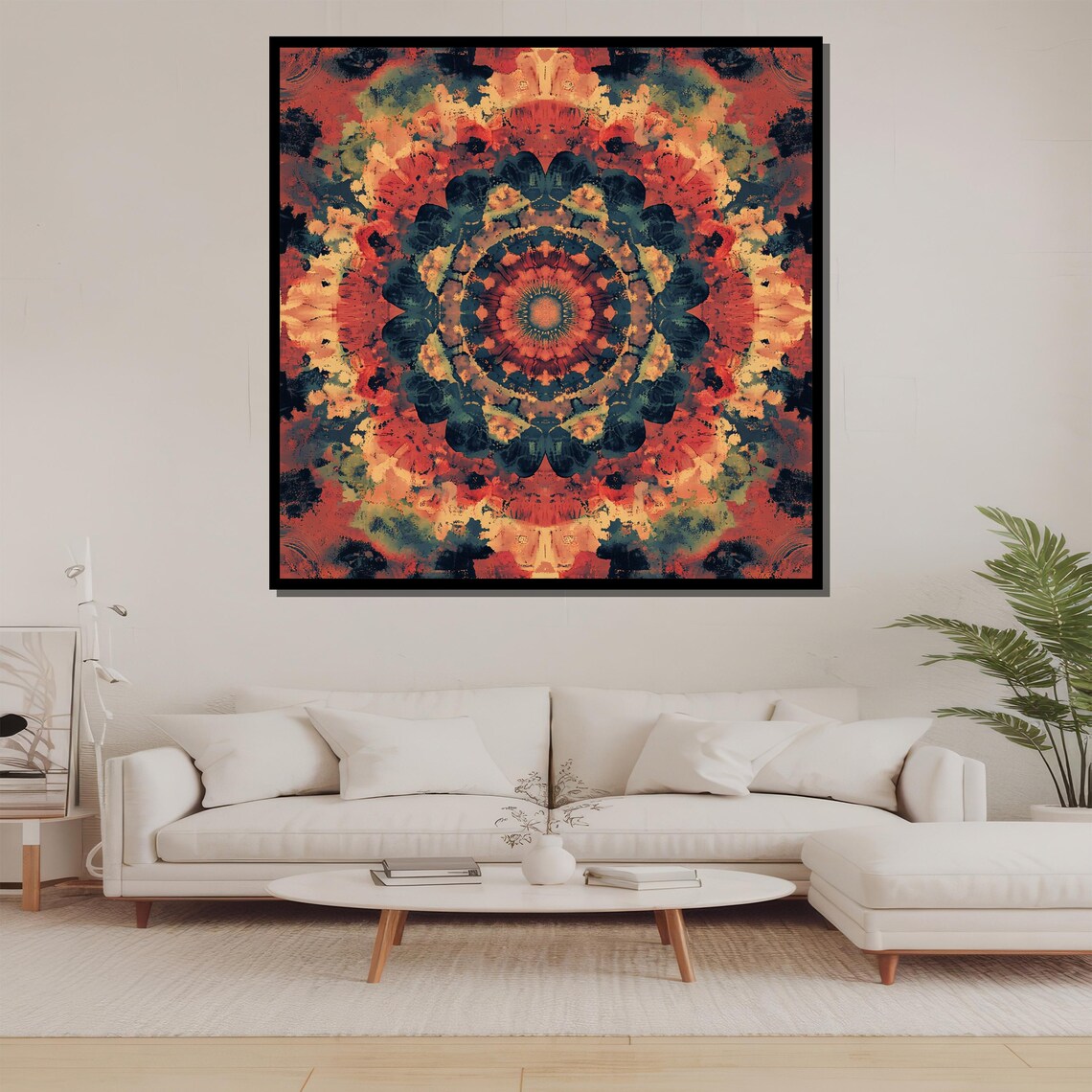 Distressed Orange and Navy Boho Mandala Vintage Style Art Print - Image 2