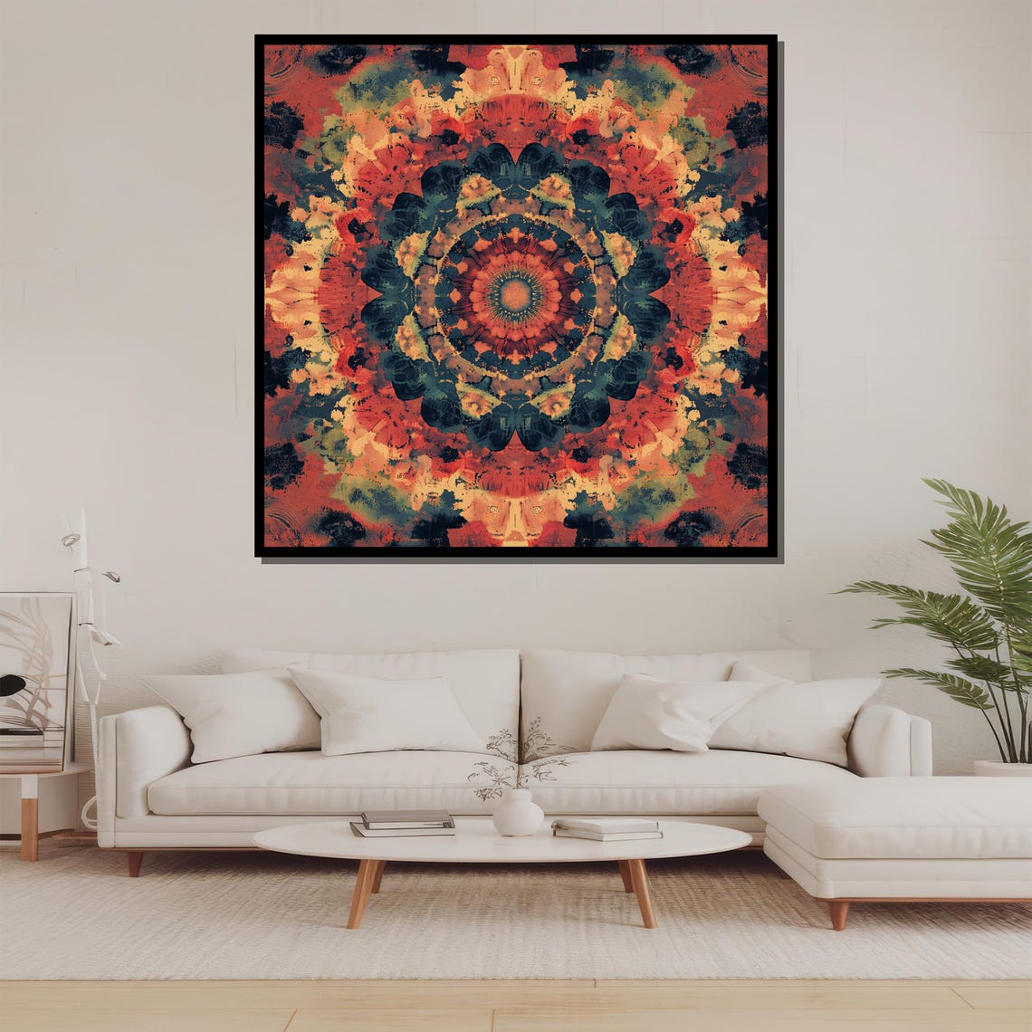Large Mandala Wall Art With Warm Orange Navy Tones Modern Boho Geometric Print For Living Room Or Meditation Space - Image 2