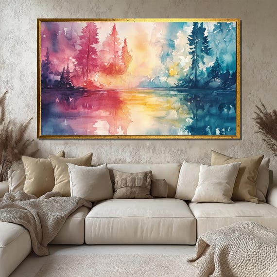 Watercolor Forest Reflection Painting Vibrant Nature Wall Art Dreamy Landscape Print Colorful Home Decor Large Gift