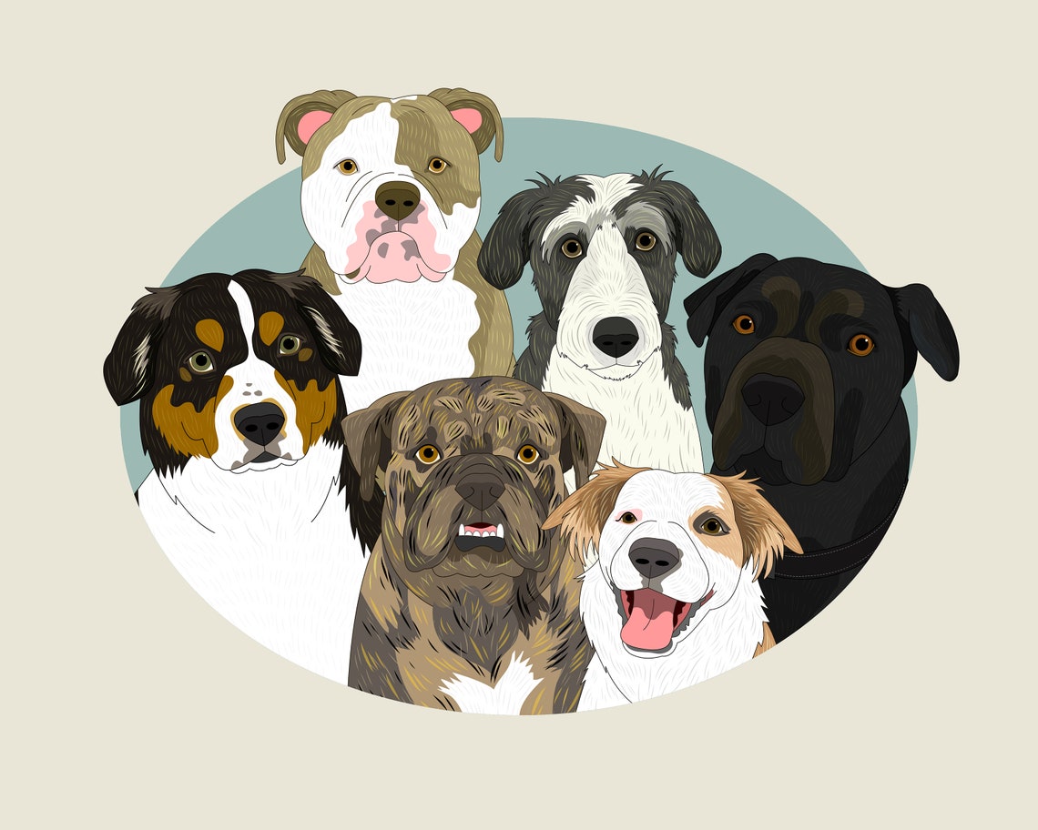 Two Dogs and Three Cats Group Pet Portrait Custom Illustration Poster - Image 4