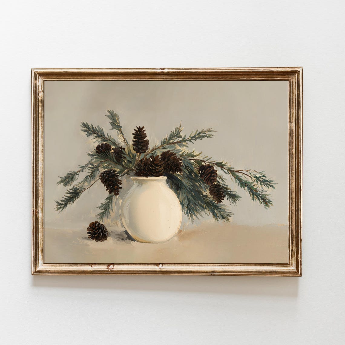 Winter Still Life White Vase Pine Cones Neutral Decor Poster
