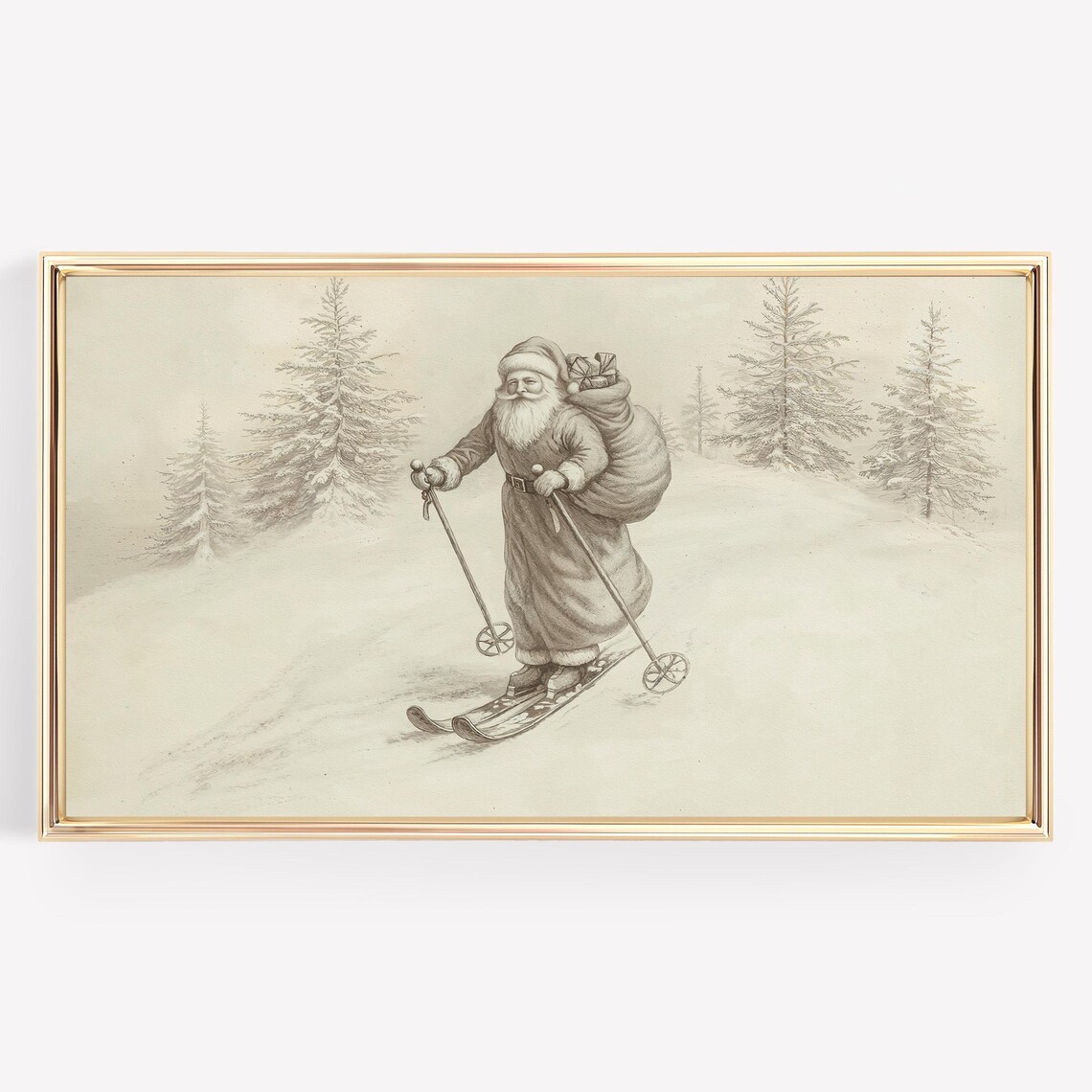 Vintage Santa Claus Skiing Snow Sketch Neutral Christmas Poster - Image 4