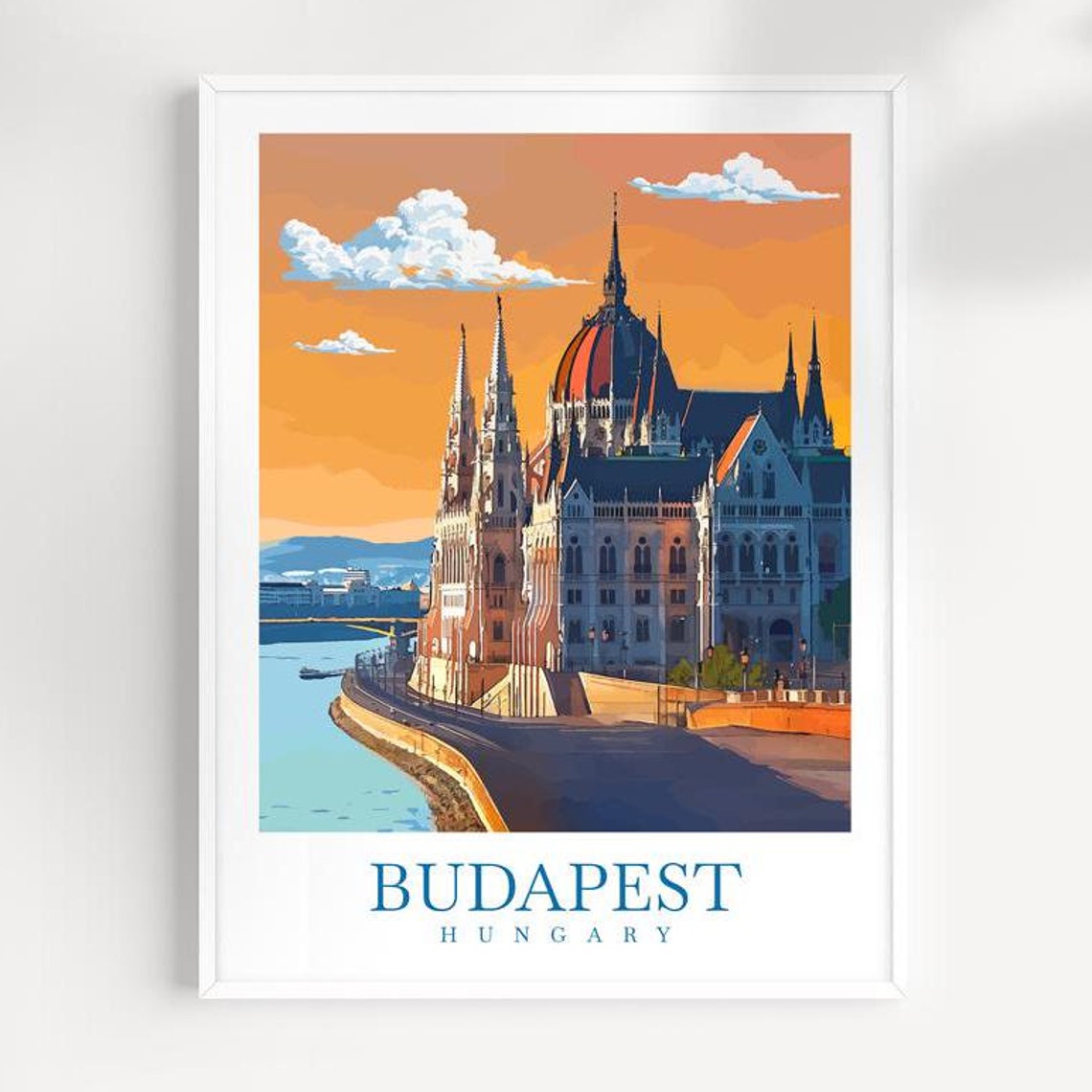 Budapest Hungary Parliament Riverside Sunset Vintage Travel Poster