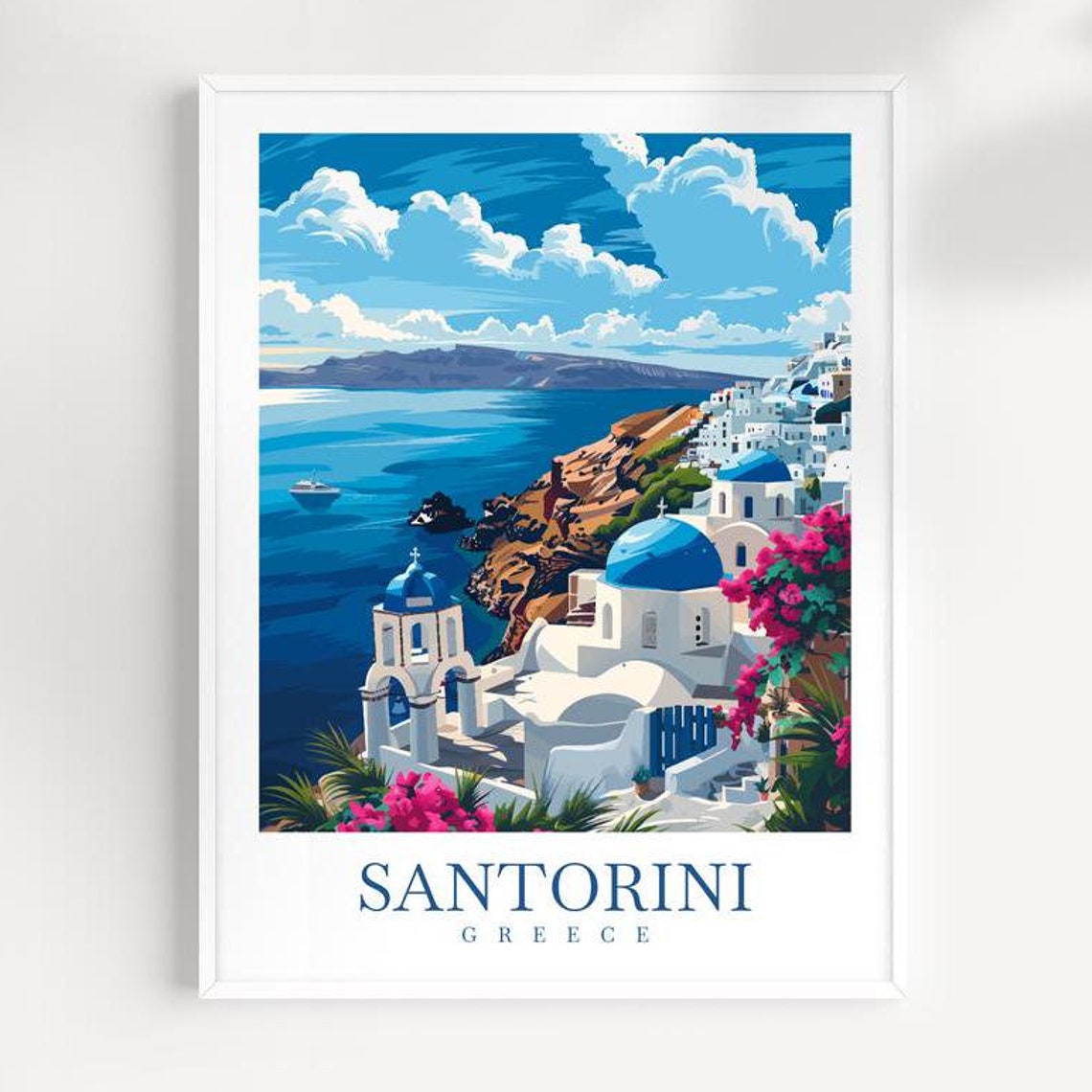 Santorini Greece Blue Domes Cliffside Aegean Sea Island Travel Poster