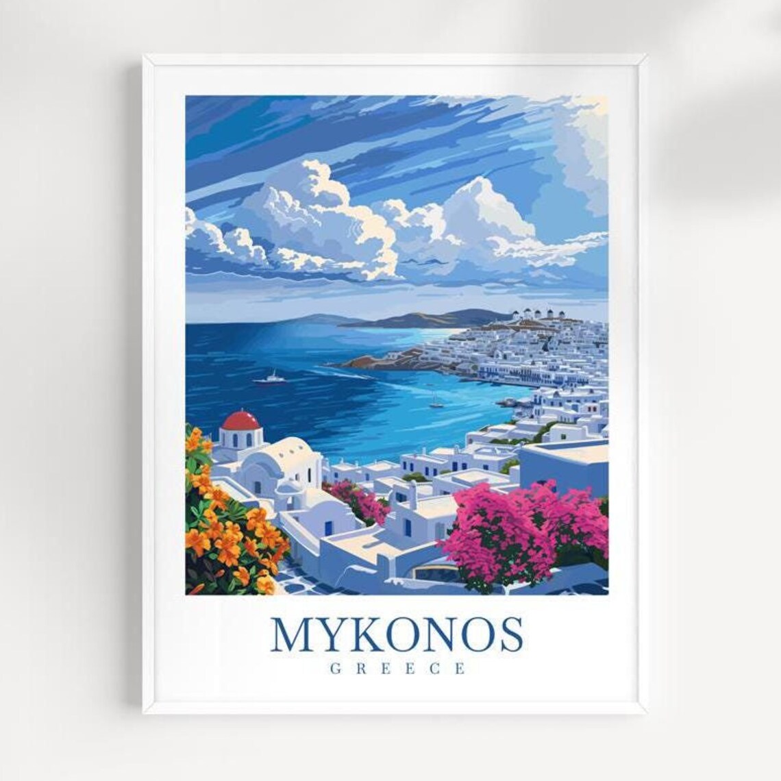 Mykonos Greece Whitewashed Town Blue Sea Island Travel Poster