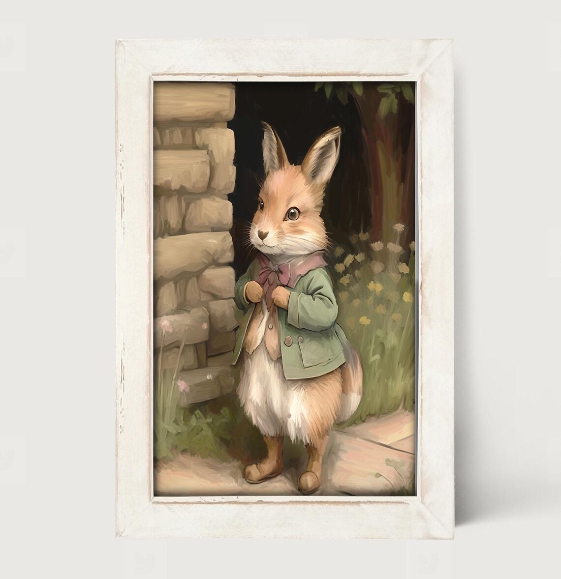 Dressed Bunny Storybook Rabbit Green Jacket Stone Wall Nursery Framed Poster - Image 4