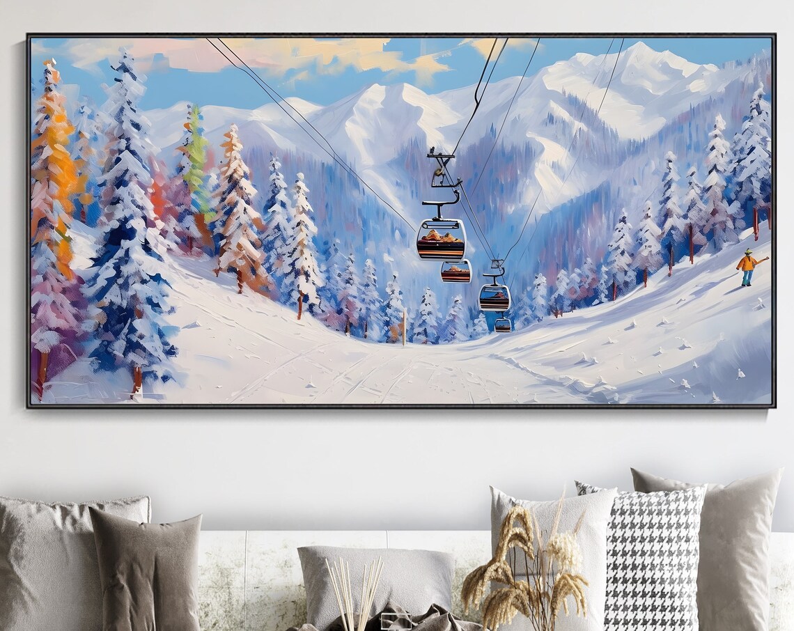 White Ski Oil Painting, Ski Resort Pine Tree Art