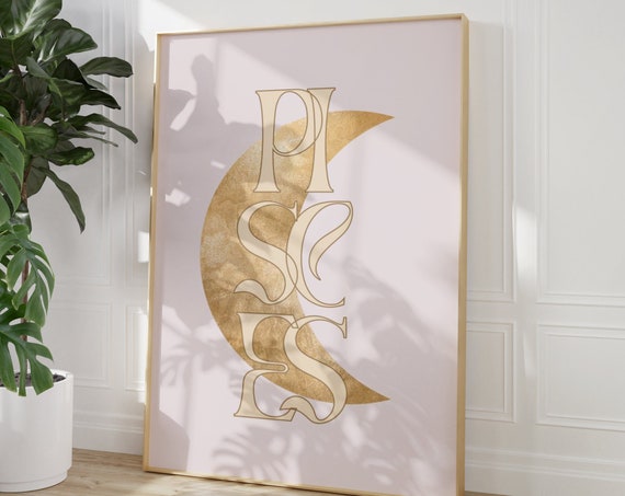 Zodiac Print Zodiac Water Sign Wall Art Pisces Sun Moon Rising Sign Wall Art Aesthetic Celestial Golden Poster Planet Constellation