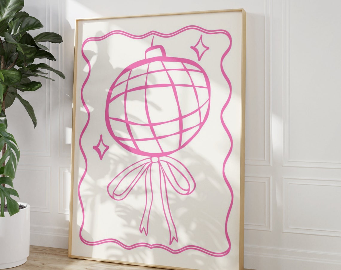 Pink Cute Disco Ball Bow Fine Line Drawing Trendy Girly Wall Art - Image 4
