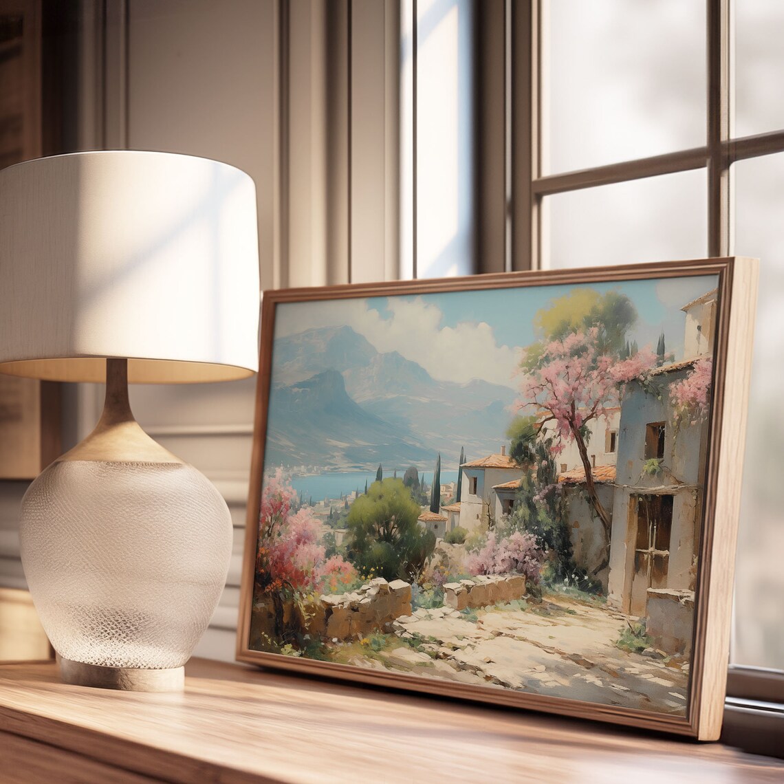 Spring Blossom Village with Mountain Lake Oil Painting Poster - Image 3