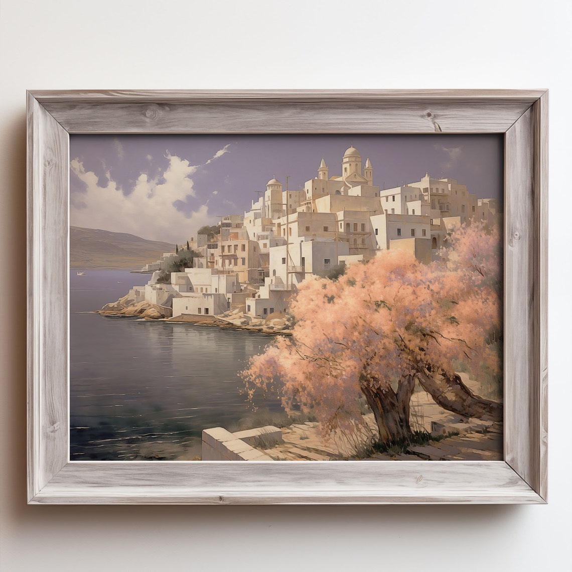 Greek Whitewashed Hilltop Village Church Dome Harbor View Poster