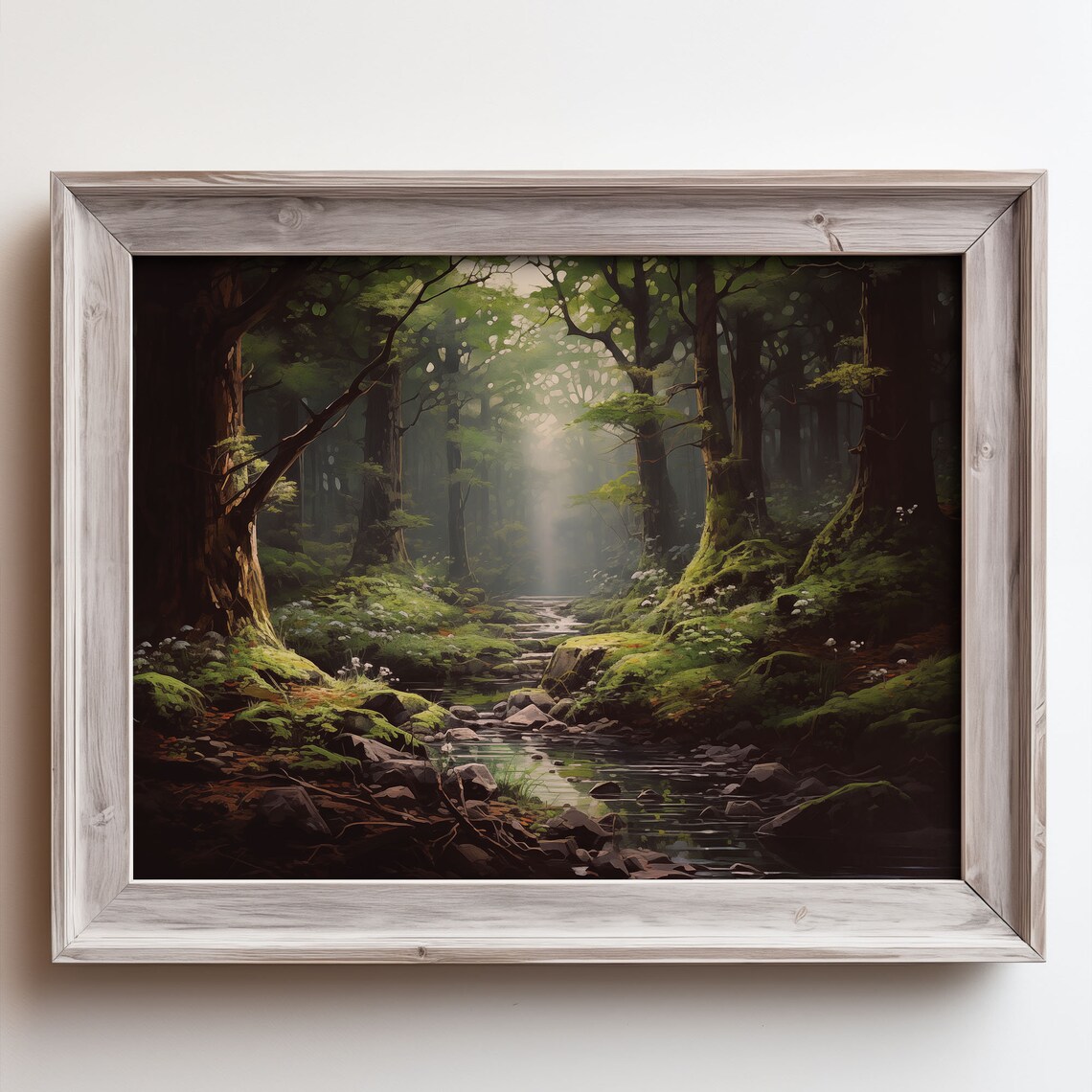 Enchanted Forest Stream Sunlight Through Trees Woodland Painting Poster
