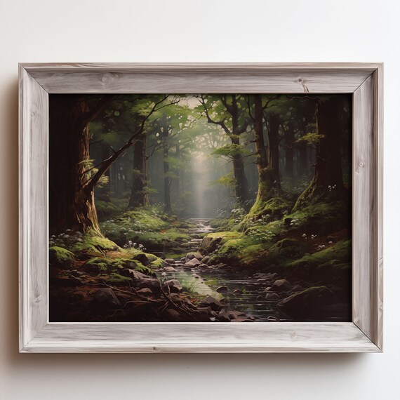 Enchanted Forest Stream Sunlight Through Trees Woodland Painting Poster
