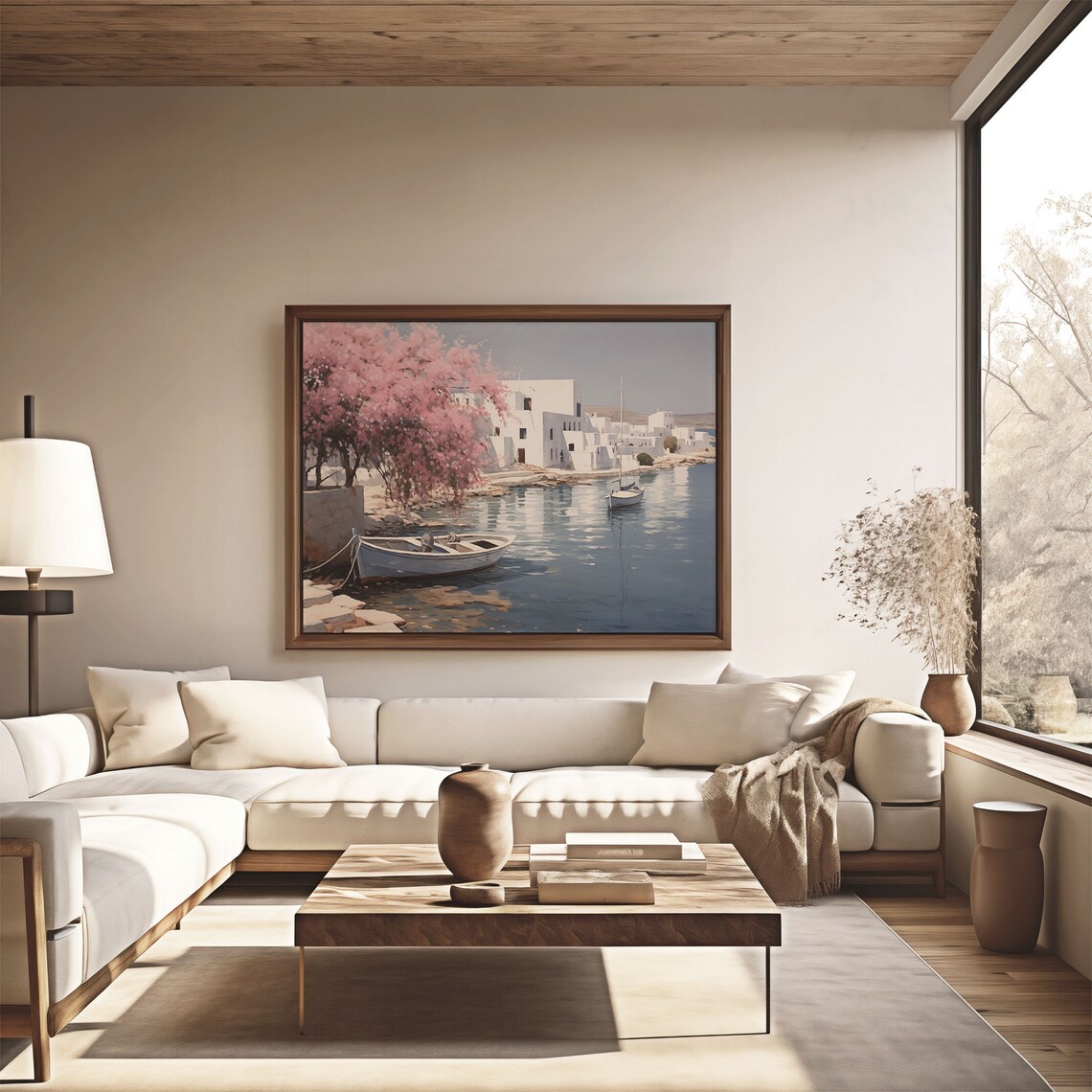 Greek Island Harbor White Buildings Bougainvillea Boats Oil Painting Poster - Image 4