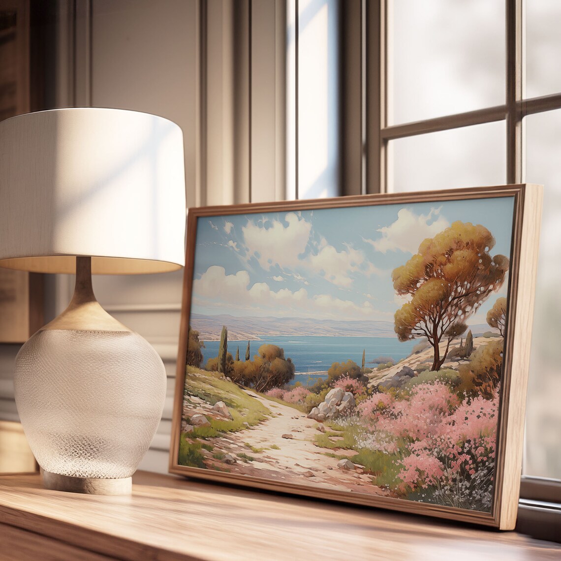 Hill Path with Pink Wildflowers Overlooking the Bay Oil Painting Poster - Image 3