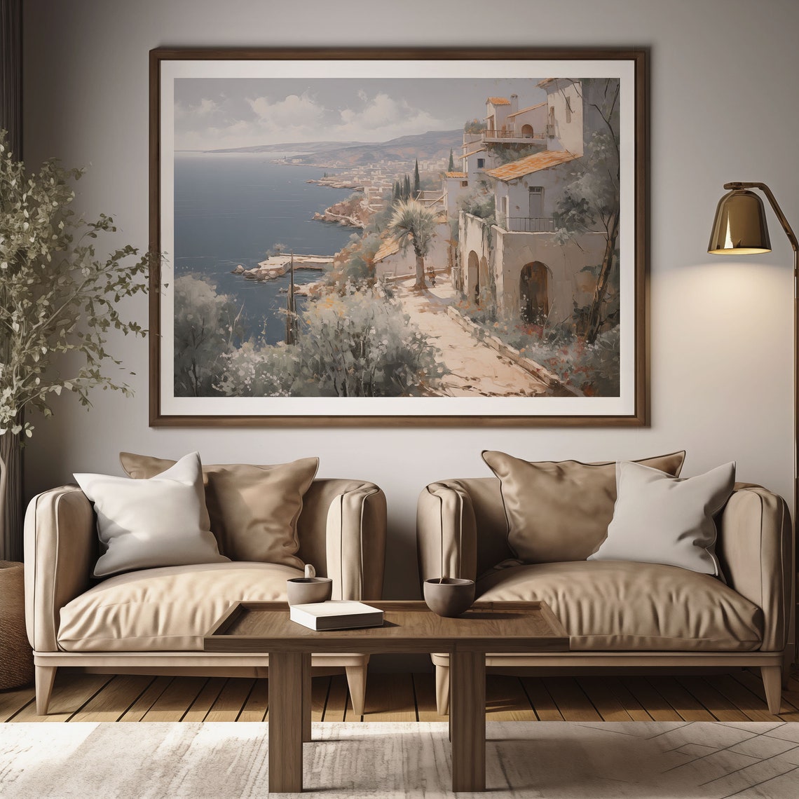 Hilltop Coastal Town Panorama Whitewashed Houses Palm Sea Poster - Image 2