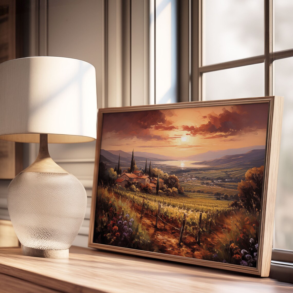 Tuscan Sunset Vineyard Hill Town Cypress Trees Oil Painting Poster - Image 3