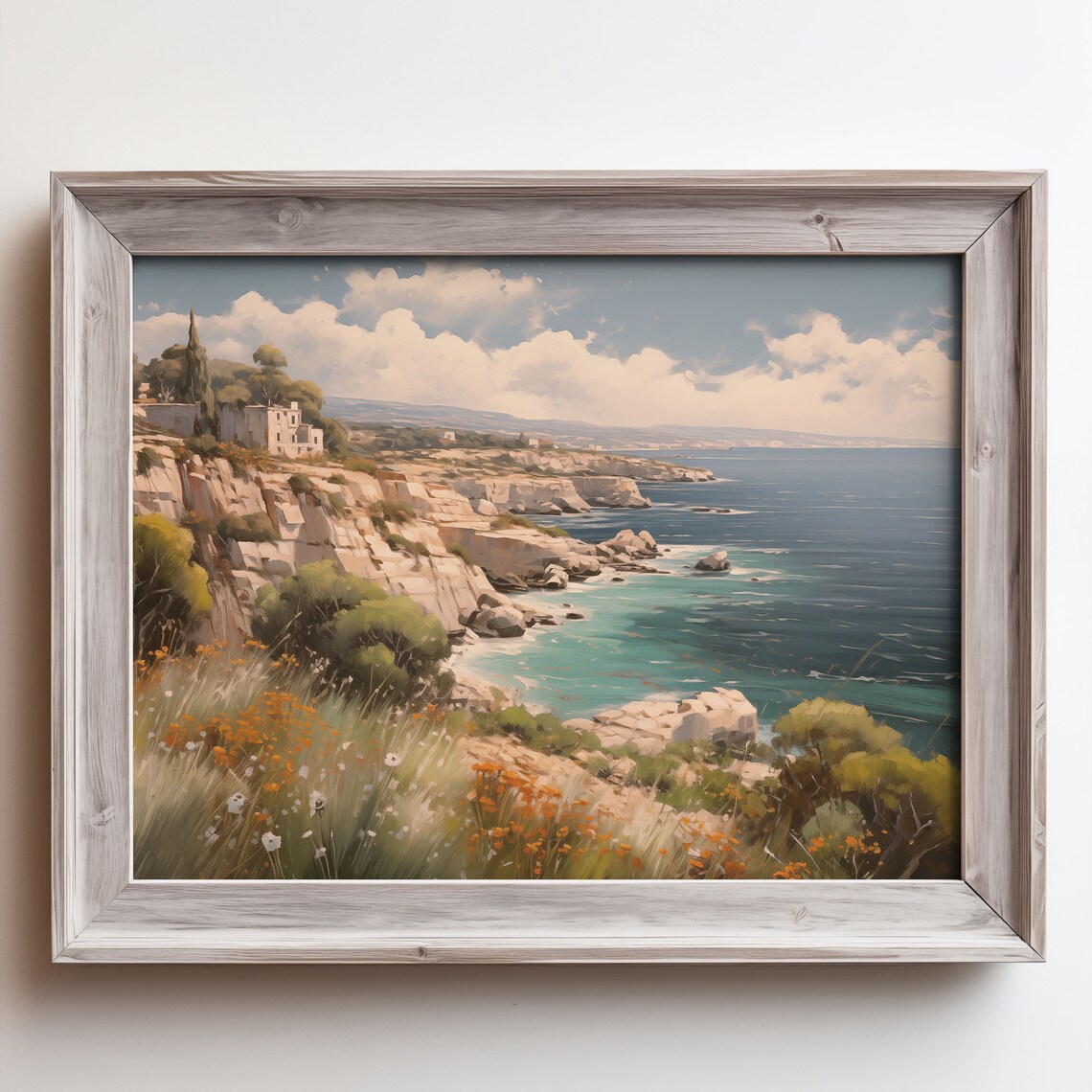 Rocky Turquoise Coastline Cliff Villa Wildflowers Oil Painting Poster