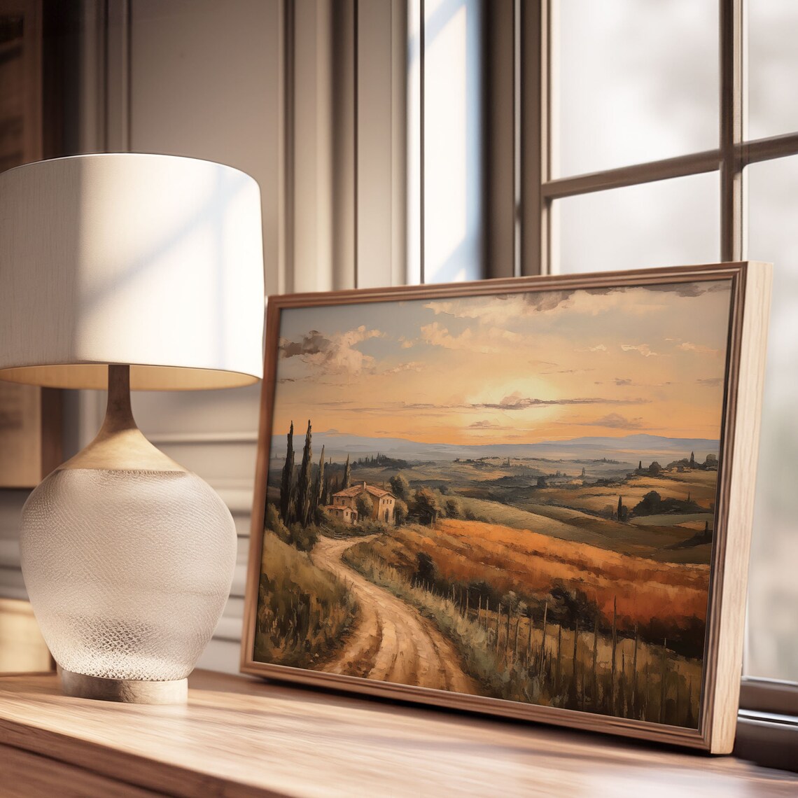 Tuscan Sunset Farmhouse Cypress Dirt Road Autumn Fields Oil Painting Poster - Image 3