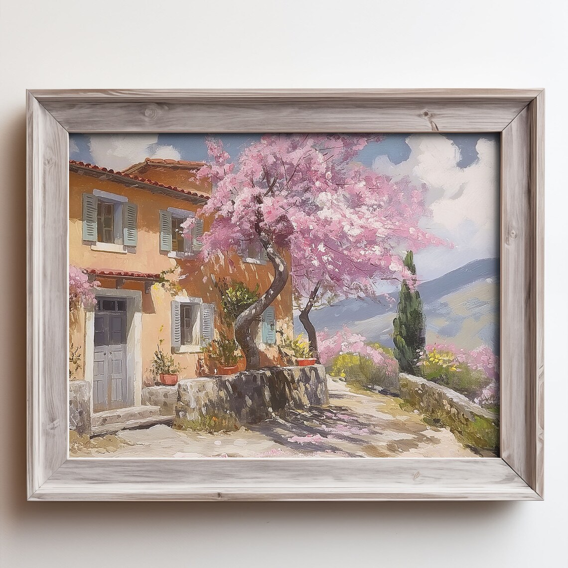 Mediterranean Villa Pink Flowering Trees Spring Blossom Oil Painting Poster