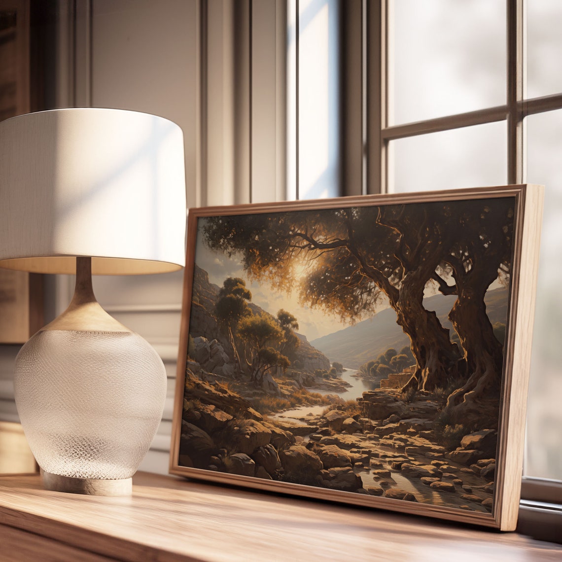 Sunset River Valley With Ancient Oak Trees Golden Landscape Print - Image 3
