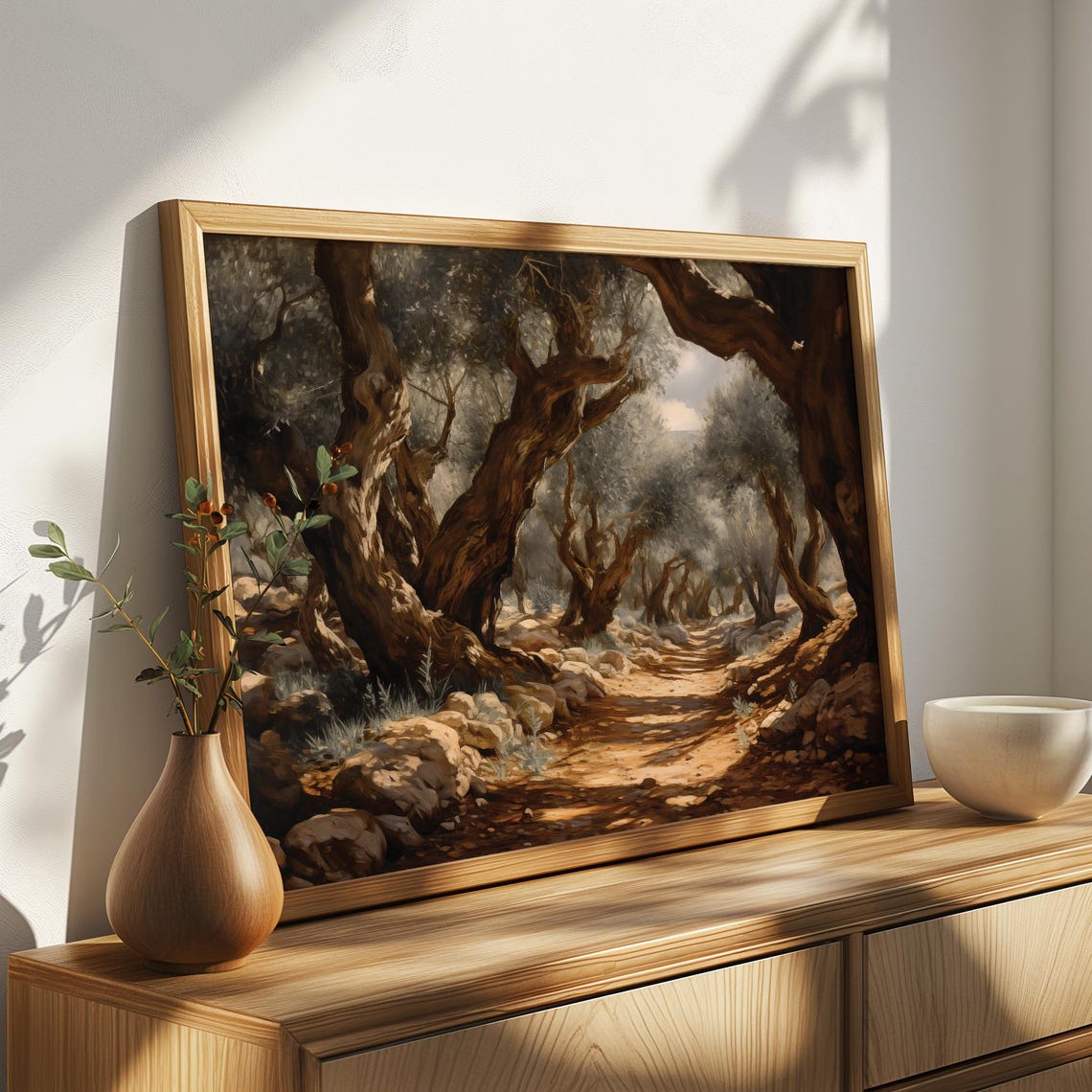 Gnarled Olive Trees Arching Over A Sunlit Path Vintage Landscape Print - Image 4